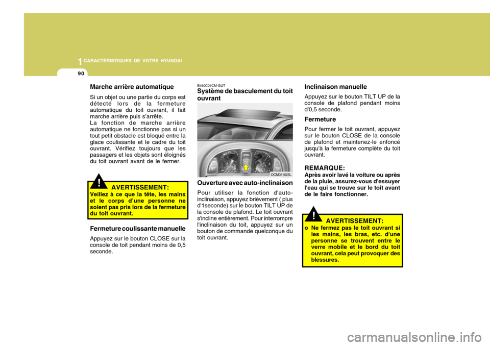 Hyundai Santa Fe 2009 Manuel du propriétaire (in French) 1CARACTÉRISTIQUES DE VOTRE HYUNDAI
90
Inclinaison manuelle Appuyez sur le bouton TILT UP de la
console de plafond pendant moins d0,5 seconde.
Fermeture Pour fermer le toit ouvrant, appuyez
sur le bo Hyundai Santa Fe 2009 Manuel du propriétaire (in French) 1CARACTÉRISTIQUES DE VOTRE HYUNDAI
90
Inclinaison manuelle Appuyez sur le bouton TILT UP de la
console de plafond pendant moins d0,5 seconde.
Fermeture Pour fermer le toit ouvrant, appuyez
sur le bo