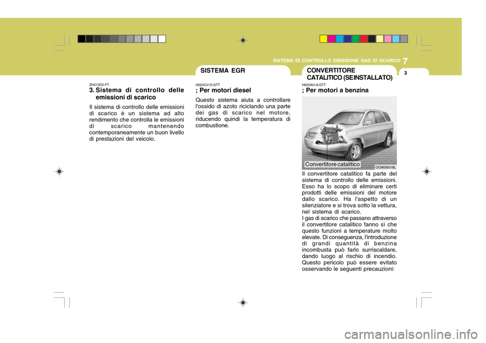 Hyundai Santa Fe 2009  Manuale del proprietario (in Italian) 7
SISTEMA DI CONTROLLO EMISSIONE GAS DI SCARICO
3CONVERTITORE 
CATALITICO  (SE INSTALLATO)
H020A01A-GTT ; Per motori a benzina Il convertitore catalitico fa parte del sistema di controllo delle emissi