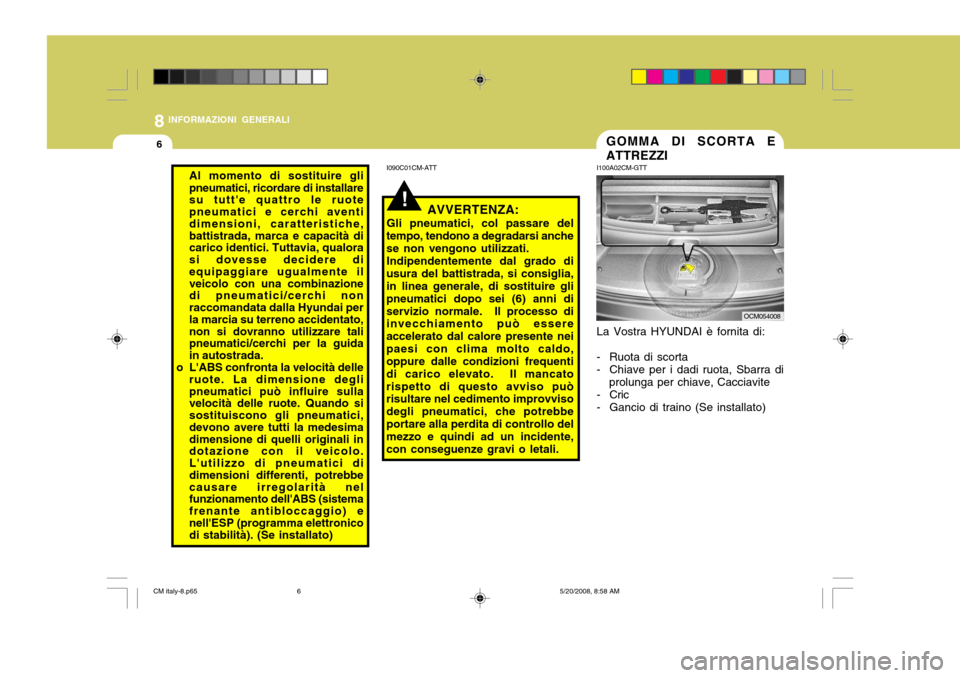 Hyundai Santa Fe 2009  Manuale del proprietario (in Italian) 8INFORMAZIONI GENERALI
6GOMMA DI SCORTA E ATTREZZI
I100A02CM-GTT La Vostra HYUNDAI è fornita di:
- Ruota di scorta 
- Chiave per i dadi ruota, Sbarra di prolunga per chiave, Cacciavite
- Cric
- Ganci