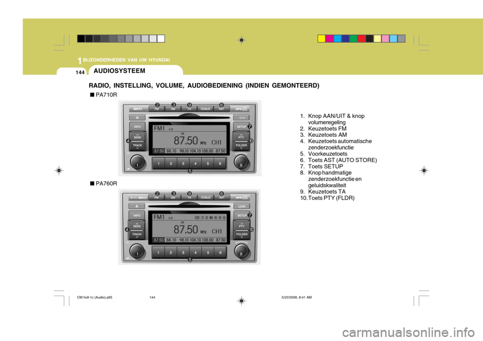 Hyundai Santa Fe 2009  Handleiding (in Dutch) 1BIJZONDERHEDEN VAN UW HYUNDAI
144AUDIOSYSTEEM
RADIO, INSTELLING, VOLUME, AUDIOBEDIENING (INDIEN GEMONTEERD)
1. Knop AAN/UIT & knopvolumeregeling
2. Keuzetoets FM 
3. Keuzetoets AM 
4. Keuzetoets auto