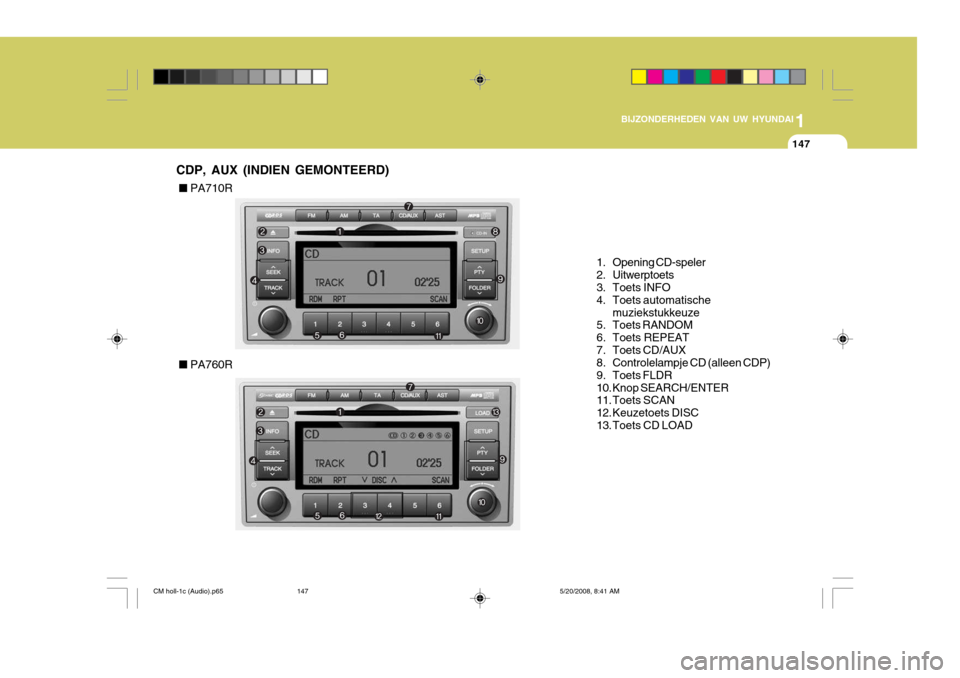 Hyundai Santa Fe 2009  Handleiding (in Dutch) 1
BIJZONDERHEDEN VAN UW HYUNDAI
147
1. Opening CD-speler 
2. Uitwerptoets 
3. Toets INFO 
4. Toets automatische muziekstukkeuze
5. Toets RANDOM
6. Toets REPEAT
7. Toets CD/AUX 
8. Controlelampje CD (a