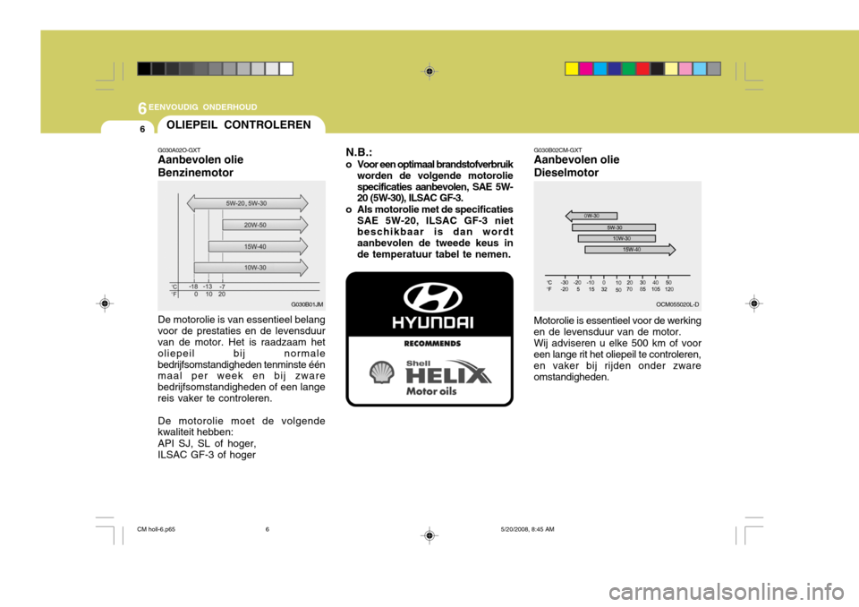 Hyundai Santa Fe 2009  Handleiding (in Dutch) 6EENVOUDIG ONDERHOUD
6
G030B02CM-GXT Aanbevolen olie Dieselmotor
G030A02O-GXT Aanbevolen olie Benzinemotor
N.B.:
o Voor een optimaal brandstofverbruik worden de volgende motorolie specificaties aanbev