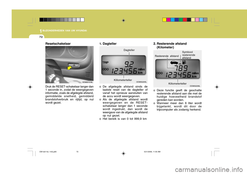 Hyundai Santa Fe 2009  Handleiding (in Dutch) 1BIJZONDERHEDEN VAN UW HYUNDAI
72
1. Dagteller
OCM052205L
Killometerteller Dagteller
o De afgelegde afstand sinds de laatste reset van de dagteller of vanaf het opnieuw aansluiten vande accu wordt wee