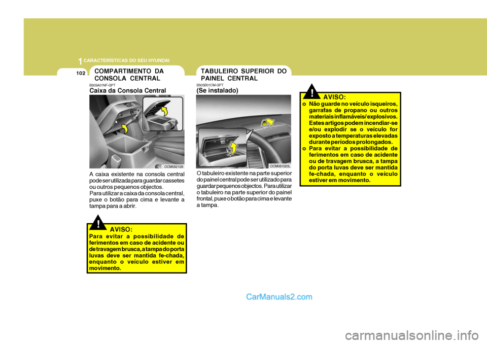 Hyundai Santa Fe 2009  Manual do proprietário (in Portuguese) 1CARACTERÍSTICAS DO SEU HYUNDAI
102COMPARTIMENTO DA CONSOLA CENTRAL
B505A01NF-GPT Caixa da Consola Central
OCM052129
A caixa existente na consola central pode ser utilizada para guardar cassetes ou o