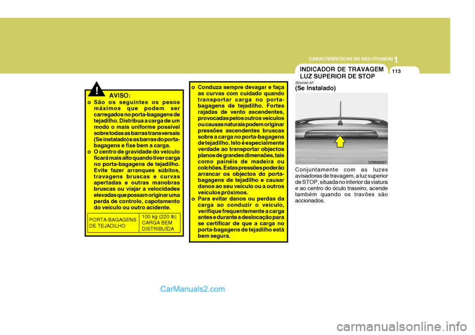Hyundai Santa Fe 2009  Manual do proprietário (in Portuguese) 1
CARACTERÍSTICAS DO SEU HYUNDAI
113
!   AVISO:
o São os seguintes os pesos máximos que podem ser carregados no porta-bagagens detejadilho. Distribua a carga de um modo o mais uniforme possível so
