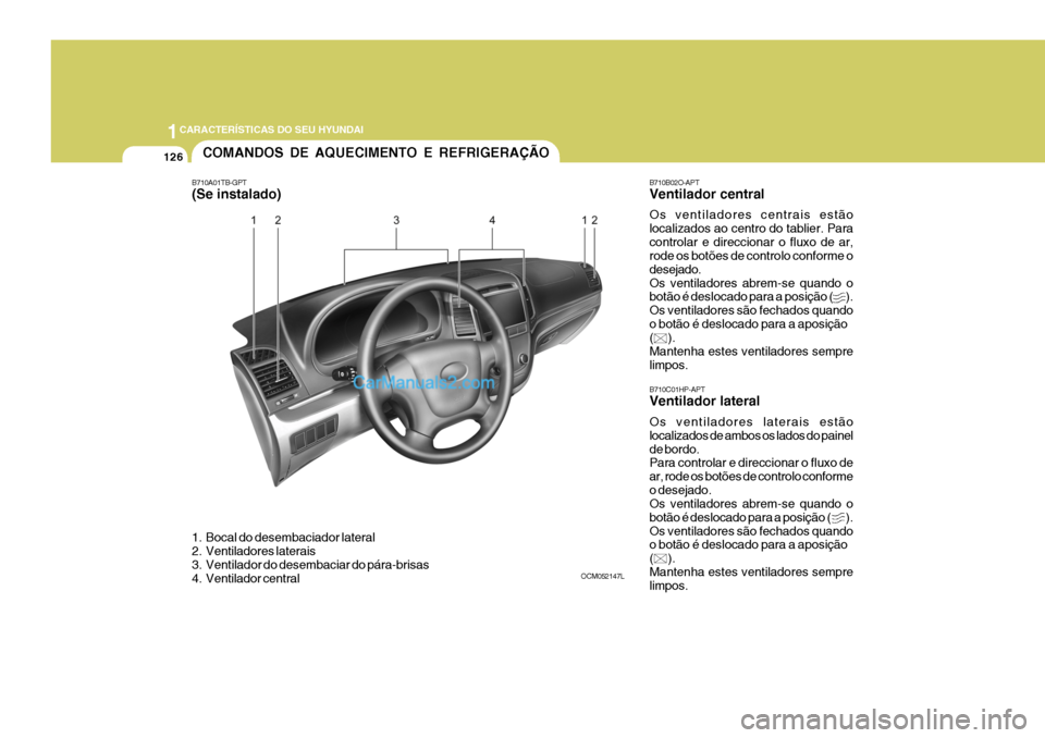 Hyundai Santa Fe 2009 Manual do proprietário (in Portuguese) 1CARACTERÍSTICAS DO SEU HYUNDAI
126
OCM052147L
COMANDOS DE AQUECIMENTO E REFRIGERAÇÃO
B710A01TB-GPT (Se instalado)
B710C01HP-APT Ventilador lateral Os ventiladores laterais estão localizados de am Hyundai Santa Fe 2009 Manual do proprietário (in Portuguese) 1CARACTERÍSTICAS DO SEU HYUNDAI
126
OCM052147L
COMANDOS DE AQUECIMENTO E REFRIGERAÇÃO
B710A01TB-GPT (Se instalado)
B710C01HP-APT Ventilador lateral Os ventiladores laterais estão localizados de am