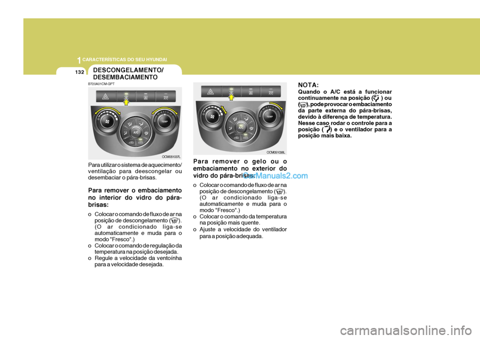 Hyundai Santa Fe 2009 Manual do proprietário (in Portuguese) 1CARACTERÍSTICAS DO SEU HYUNDAI
132
B720A01CM-GPT Para utilizar o sistema de aquecimento/ ventilação para deescongelar oudesembaciar o pára-brisas. Para remover o embaciamento no interior do vidro Hyundai Santa Fe 2009 Manual do proprietário (in Portuguese) 1CARACTERÍSTICAS DO SEU HYUNDAI
132
B720A01CM-GPT Para utilizar o sistema de aquecimento/ ventilação para deescongelar oudesembaciar o pára-brisas. Para remover o embaciamento no interior do vidro