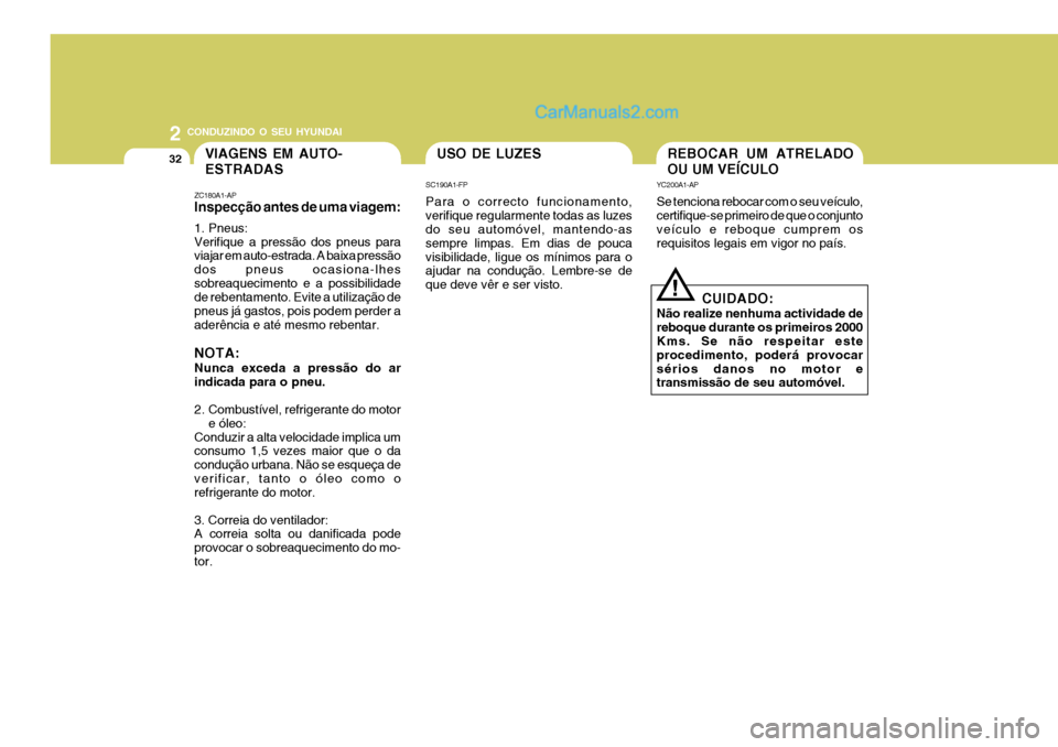 Hyundai Santa Fe 2009  Manual do proprietário (in Portuguese) 2 CONDUZINDO O SEU HYUNDAI
32USO DE LUZES
SC190A1-FP Para o correcto funcionamento, verifique regularmente todas as luzes do seu automóvel, mantendo-as sempre limpas. Em dias de poucavisibilidade, li