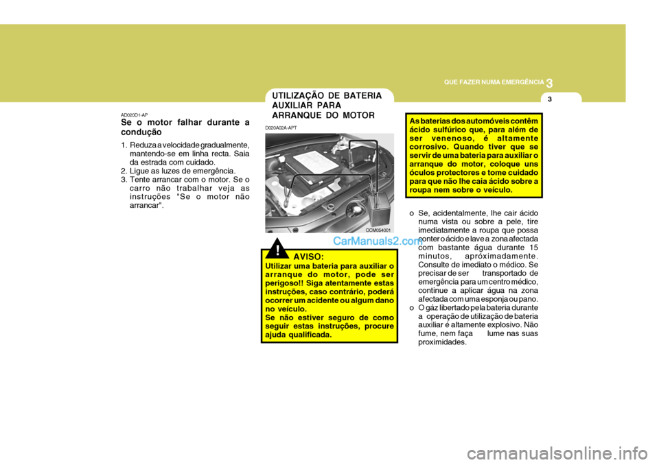 Hyundai Santa Fe 2009  Manual do proprietário (in Portuguese) 3
QUE FAZER NUMA EMERGÊNCIA
3
AD020D1-AP Se o motor falhar durante a condução 
1. Reduza a velocidade gradualmente,
mantendo-se em linha recta. Saia da estrada com cuidado.
2. Ligue as luzes de eme
