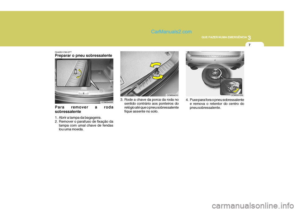 Hyundai Santa Fe 2009  Manual do proprietário (in Portuguese) 3
QUE FAZER NUMA EMERGÊNCIA
7
D040B01CM-GPT Preparar o pneu sobressalente
Para remover a roda sobressalente 
1. Abrir a tampa da bagageira. 
2. Remover o parafuso de fixação da tampa com umal chave