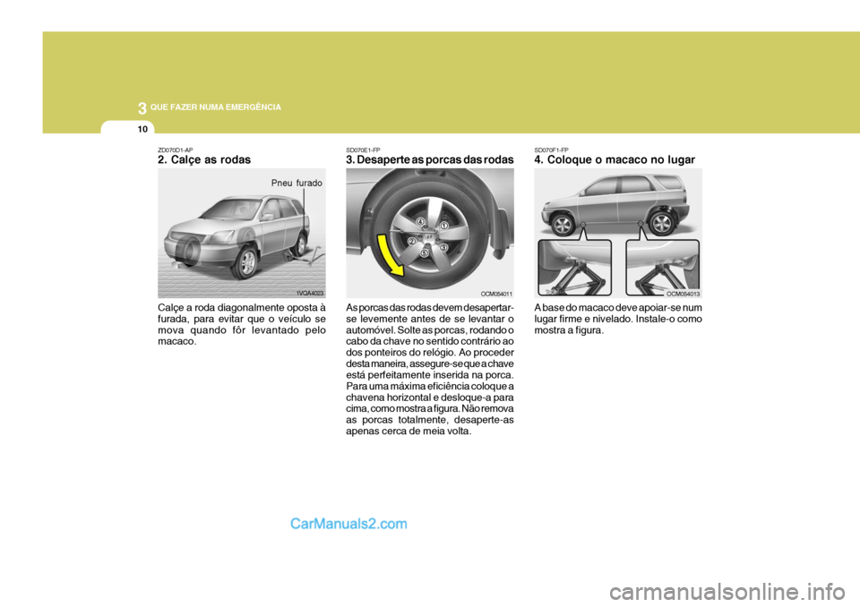 Hyundai Santa Fe 2009  Manual do proprietário (in Portuguese) 3 QUE FAZER NUMA EMERGÊNCIA
10
SD070F1-FP 4. Coloque o macaco no lugar A base do macaco deve apoiar-se num lugar firme e nivelado. Instale-o comomostra a figura.
SD070E1-FP 3. Desaperte as porcas das