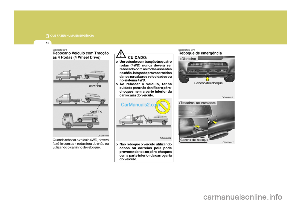 Hyundai Santa Fe 2009 Manual do proprietário (in Portuguese) 3 QUE FAZER NUMA EMERGÊNCIA
16
D080D01CM-GPT Reboque de emergência
OCM054016
OCM054017
Gancho de reboque
CUIDADO:
o Um veículo com tracção às quatro rodas (4WD) nunca deverá ser rebocado com as Hyundai Santa Fe 2009 Manual do proprietário (in Portuguese) 3 QUE FAZER NUMA EMERGÊNCIA
16
D080D01CM-GPT Reboque de emergência
OCM054016
OCM054017
Gancho de reboque
CUIDADO:
o Um veículo com tracção às quatro rodas (4WD) nunca deverá ser rebocado com as
