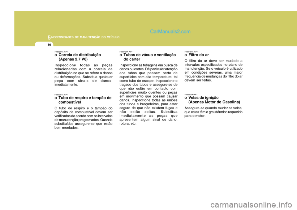 Hyundai Santa Fe 2009 Manual do proprietário (in Portuguese) 5NECESSIDADES DE MANUTENÇÃO DO VEÍCULO
10
F060J01A-APT
o Velas de ignição
(Apenas Motor de Gasolina)
Assegure-se quando mudar as velas,
que estas têm o grau térmico requerido para o motor.
F060 Hyundai Santa Fe 2009 Manual do proprietário (in Portuguese) 5NECESSIDADES DE MANUTENÇÃO DO VEÍCULO
10
F060J01A-APT
o Velas de ignição
(Apenas Motor de Gasolina)
Assegure-se quando mudar as velas,
que estas têm o grau térmico requerido para o motor.
F060