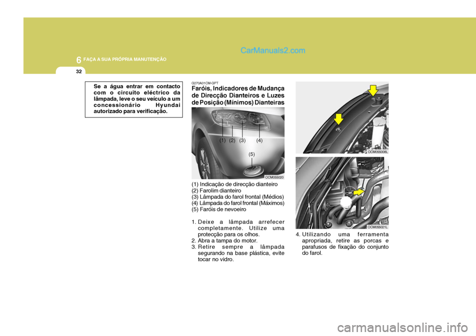 Hyundai Santa Fe 2009  Manual do proprietário (in Portuguese) 6 FAÇA A SUA PRÓPRIA MANUTENÇÃO
32
G270A01CM-GPT
Faróis, Indicadores de Mudança de Direcção Dianteiros e Luzes de Posição (Mínimos) Dianteiras
(1) Indicação de direcção dianteiro (2) Fa