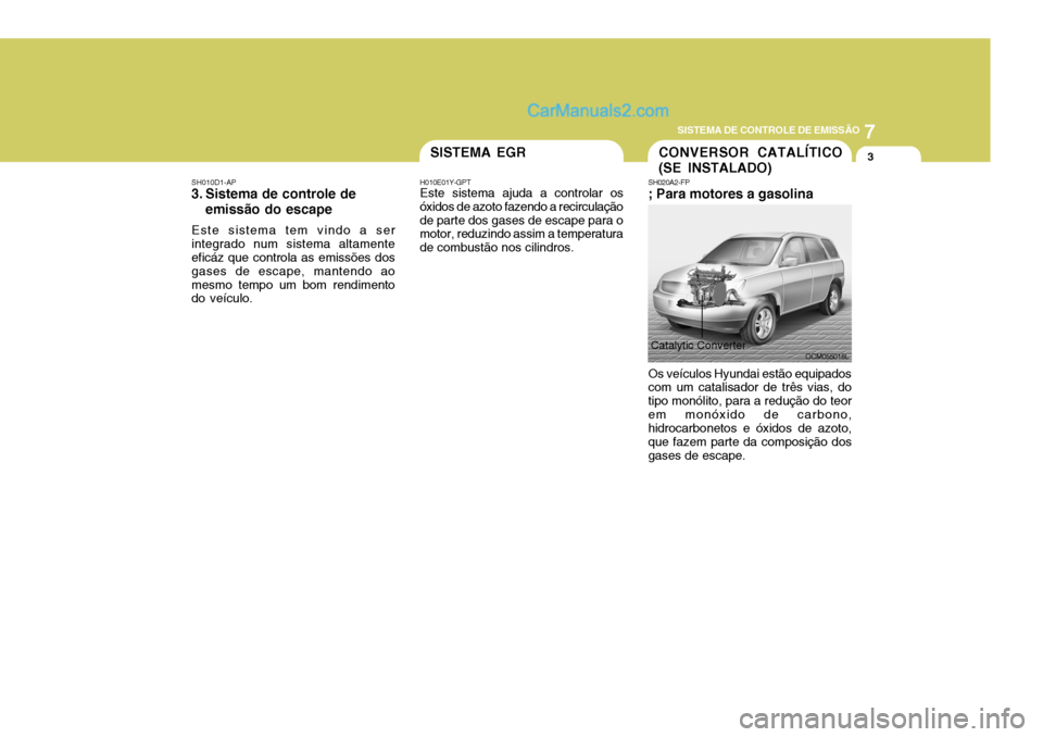 Hyundai Santa Fe 2009  Manual do proprietário (in Portuguese) 7
SISTEMA DE CONTROLE DE EMISSÃO
3CONVERSOR CATALÍTICO (SE INSTALADO)
SH010D1-AP
3. Sistema de controle de
emissão do escape
Este sistema tem vindo a ser integrado num sistema altamente eficáz que
