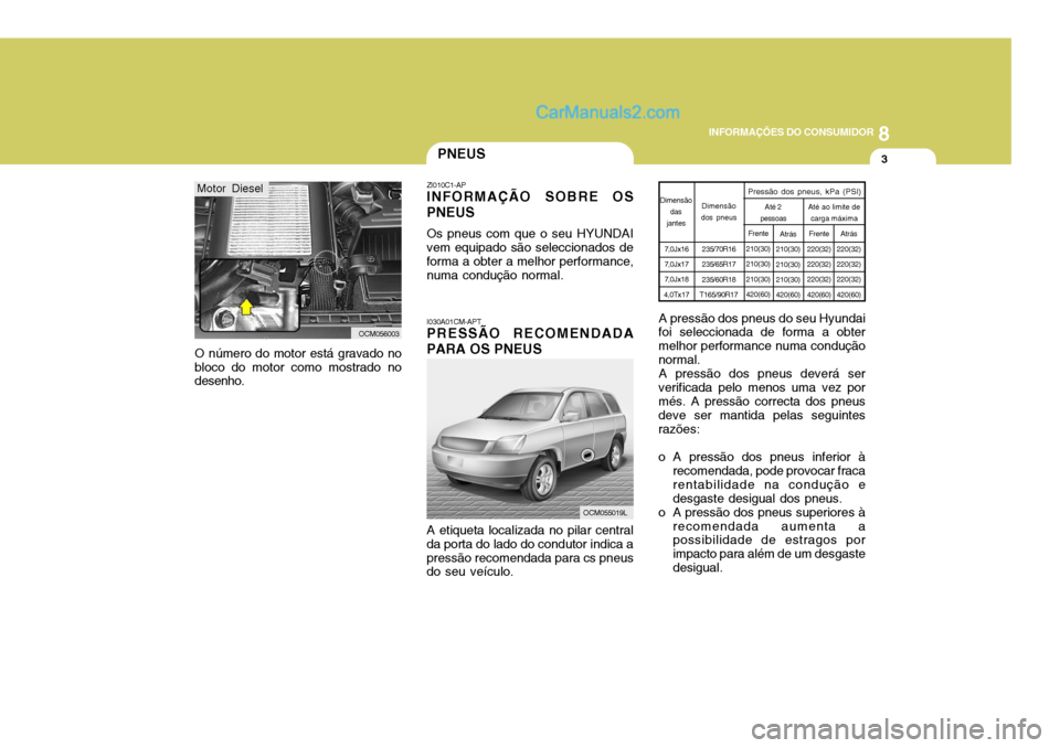 Hyundai Santa Fe 2009  Manual do proprietário (in Portuguese) 8
INFORMAÇÕES DO CONSUMIDOR
3PNEUS
ZI010C1-AP INFORMAÇÃO SOBRE OS PNEUS Os pneus com que o seu HYUNDAI vem equipado são seleccionados de forma a obter a melhor performance, numa condução normal