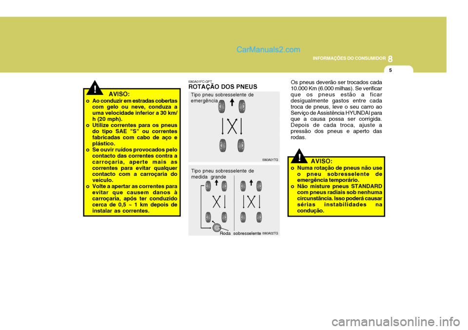 Hyundai Santa Fe 2009  Manual do proprietário (in Portuguese) 8
INFORMAÇÕES DO CONSUMIDOR
5
!AVISO:
o Numa rotação de pneus não use o pneu sobresselente de emergência temporário.
o Não misture pneus STANDARD com pneus radiais sob nenhuma circunstância. 