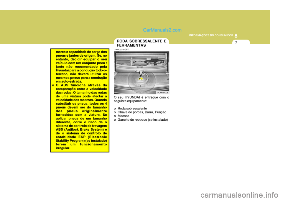 Hyundai Santa Fe 2009  Manual do proprietário (in Portuguese) 8
INFORMAÇÕES DO CONSUMIDOR
7
O seu HYUNDAI é entregue com o seguinte equipamento: 
o Roda sobressalente 
o Chave de porcas, Barra, Punção 
o Macaco 
o Gancho de reboque (se instalado)
I100A02CM-