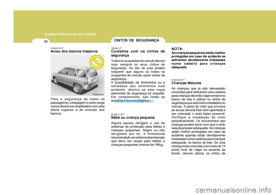 Hyundai Santa Fe 2009 Manual do proprietário (in Portuguese) 1CARACTERÍSTICAS DO SEU HYUNDAI
32
B140A01B-GPT Aviso dos bancos traseiros Para a segurança de todos os passageiros, a bagagem e outra carganunca devem ser empilhados com uma altura superior à do e Hyundai Santa Fe 2009 Manual do proprietário (in Portuguese) 1CARACTERÍSTICAS DO SEU HYUNDAI
32
B140A01B-GPT Aviso dos bancos traseiros Para a segurança de todos os passageiros, a bagagem e outra carganunca devem ser empilhados com uma altura superior à do e