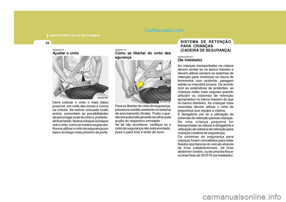 Hyundai Santa Fe 2009 Manual do proprietário (in Portuguese) 1CARACTERÍSTICAS DO SEU HYUNDAI
36SISTEMA DE RETENÇÃO PARA CRIANÇAS(CADEIRA DE SEGURANÇA)
B230A02CM-GPT (Se instalado) As crianças transportadas na viatura devem sentar-se no banco traseiro e de Hyundai Santa Fe 2009 Manual do proprietário (in Portuguese) 1CARACTERÍSTICAS DO SEU HYUNDAI
36SISTEMA DE RETENÇÃO PARA CRIANÇAS(CADEIRA DE SEGURANÇA)
B230A02CM-GPT (Se instalado) As crianças transportadas na viatura devem sentar-se no banco traseiro e de