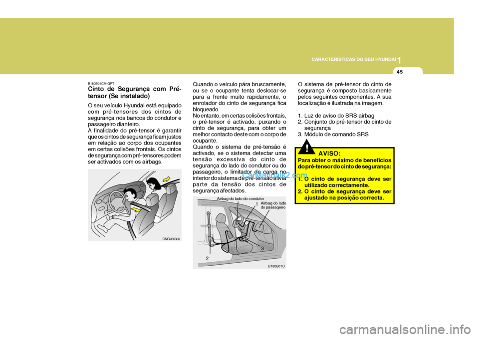 Hyundai Santa Fe 2009  Manual do proprietário (in Portuguese) 1
CARACTERÍSTICAS DO SEU HYUNDAI
45
B180B01CM-GPT Cinto de Segurança com Pré- tensor (Se instalado) O seu veículo Hyundai está equipado com pré-tensores dos cintos desegurança nos bancos do con