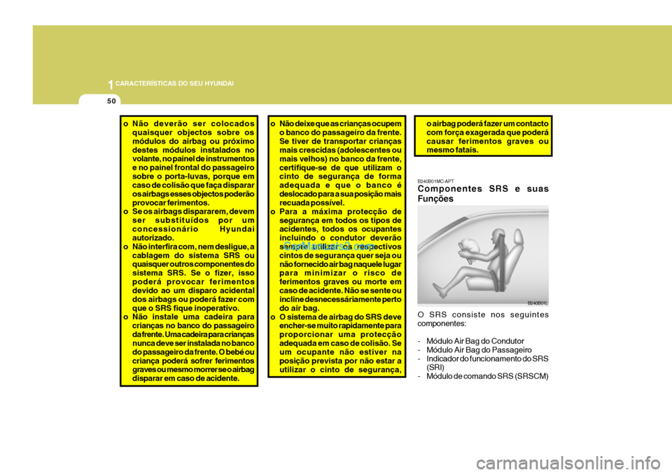 Hyundai Santa Fe 2009  Manual do proprietário (in Portuguese) 1CARACTERÍSTICAS DO SEU HYUNDAI
50
o Não deverão ser colocados
quaisquer objectos sobre os módulos do airbag ou próximodestes módulos instalados no volante, no painel de instrumentos e no painel