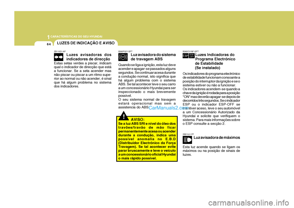 Hyundai Santa Fe 2009  Manual do proprietário (in Portuguese) 1CARACTERÍSTICAS DO SEU HYUNDAI
64LUZES DE INDICAÇÃO E AVISO
!
ZB110G1-AP
Luzes avisadoras dos indicadores de direcção
Estas setas verdes a piscar, indicam qual o indicador de direcção que est