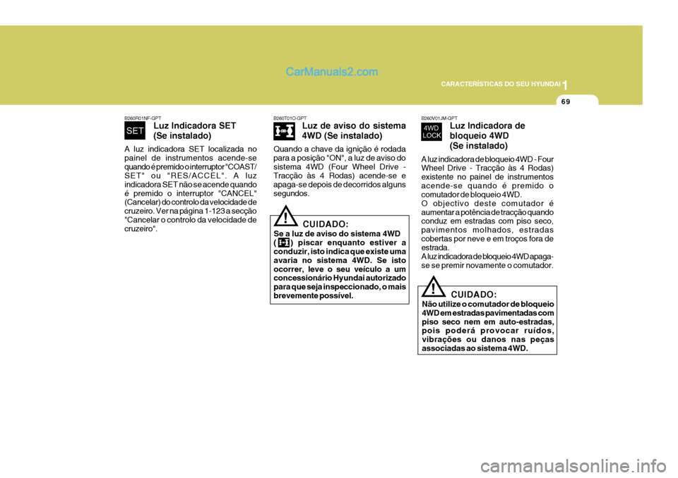 Hyundai Santa Fe 2009  Manual do proprietário (in Portuguese) 1
CARACTERÍSTICAS DO SEU HYUNDAI
69
B260T01O-GPT Luz de aviso do sistema 
4WD (Se instalado)
Quando a chave da ignição é rodada para a posição "ON", a luz de aviso dosistema 4WD (Four Wheel Driv