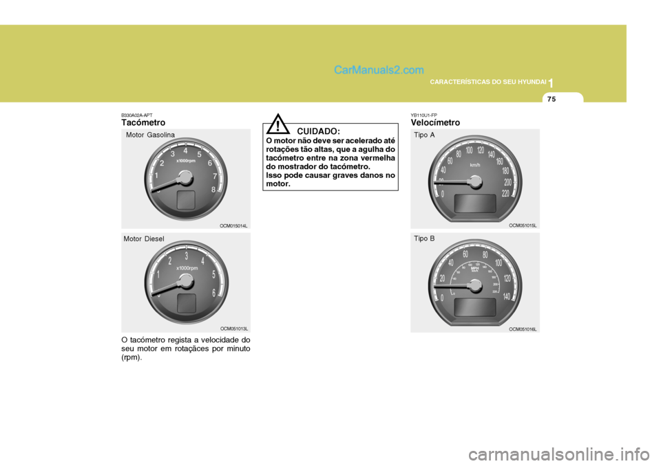 Hyundai Santa Fe 2009 Manual do proprietário (in Portuguese) 1
CARACTERÍSTICAS DO SEU HYUNDAI
75
B330A02A-APT Tacómetro O tacómetro regista a velocidade do seu motor em rotaçãces por minuto(rpm). OCM015014L
OCM051013L
Motor Gasolina
Motor DieselYB110U1-FP Hyundai Santa Fe 2009 Manual do proprietário (in Portuguese) 1
CARACTERÍSTICAS DO SEU HYUNDAI
75
B330A02A-APT Tacómetro O tacómetro regista a velocidade do seu motor em rotaçãces por minuto(rpm). OCM015014L
OCM051013L
Motor Gasolina
Motor DieselYB110U1-FP