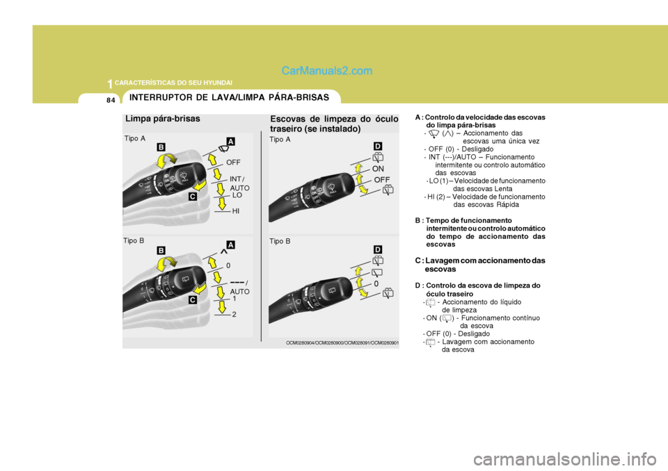 Hyundai Santa Fe 2009  Manual do proprietário (in Portuguese) 1CARACTERÍSTICAS DO SEU HYUNDAI
84INTERRUPTOR DE LAVA/LIMPA PÁRA-BRISAS
A : Controlo da velocidade das escovasdo limpa pára-brisas
· 
 () – Accionamento das  escovas uma única vez
· OFF (0) - 