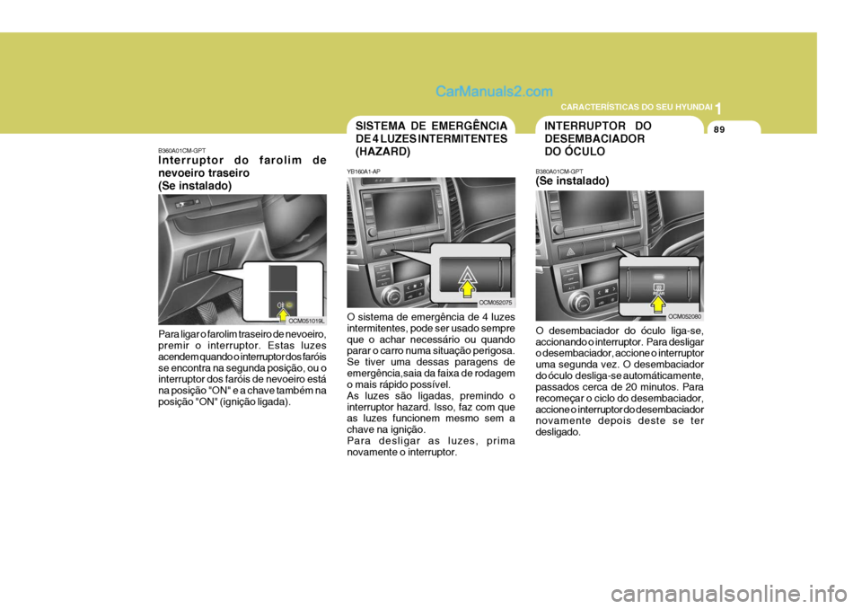 Hyundai Santa Fe 2009  Manual do proprietário (in Portuguese) 1
CARACTERÍSTICAS DO SEU HYUNDAI
89
B360A01CM-GPT Interruptor do farolim de nevoeiro traseiro(Se instalado)
OCM051019L
Para ligar o farolim traseiro de nevoeiro, premir o interruptor. Estas luzes ace