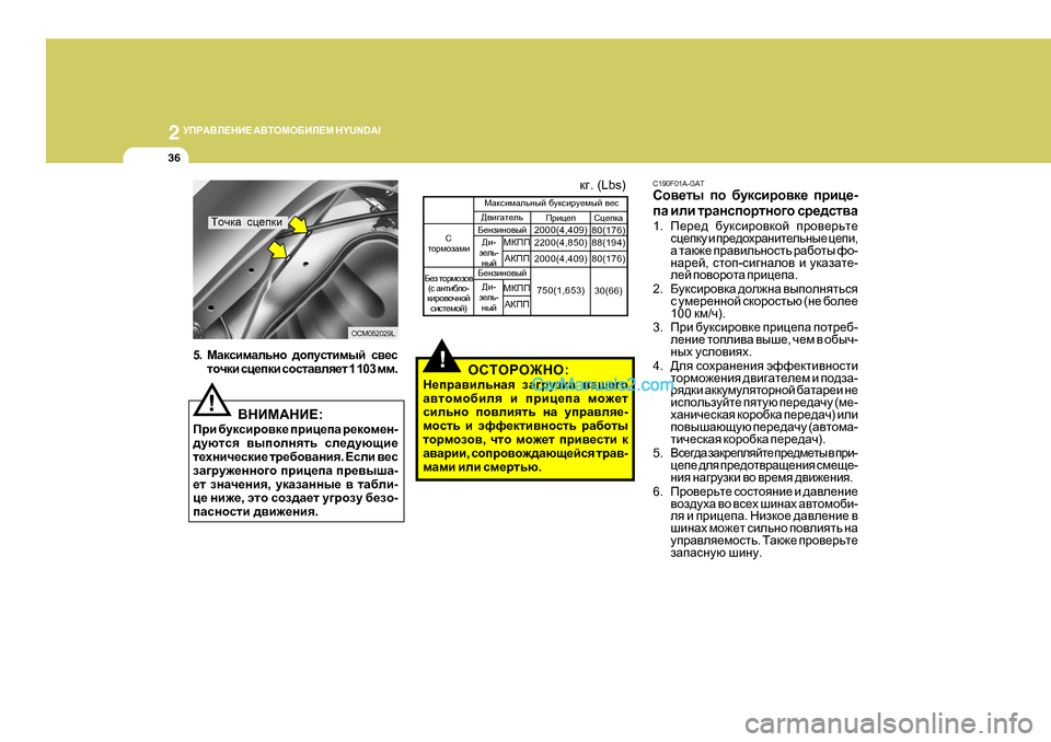 Hyundai Santa Fe 2009  Инструкция по эксплуатации (in Russian) 2 
MIJ:<E?GB?  :<LHFH;BE?F  H Y U N D A I
36
!
C190F0 1A-GAT
Kh\_lu  ih  [mdkbjh\d_  ijbp_ -
iZ  beb  ljZgkihjlgh]h  kj_^kl\Z
1 . 