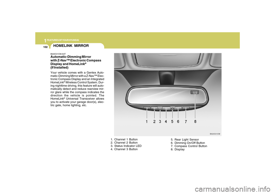 Hyundai Santa Fe 2008 User Guide 1FEATURES OF YOUR HYUNDAI
102
HOMELINK MIRRORB520C01CM-AATAutomatic-Dimming Mirror
with Z-Nav™ Electronic Compass
Display and HomeLink
®
(If Installed)Your vehicle comes with a Gentex Auto-
matic-D