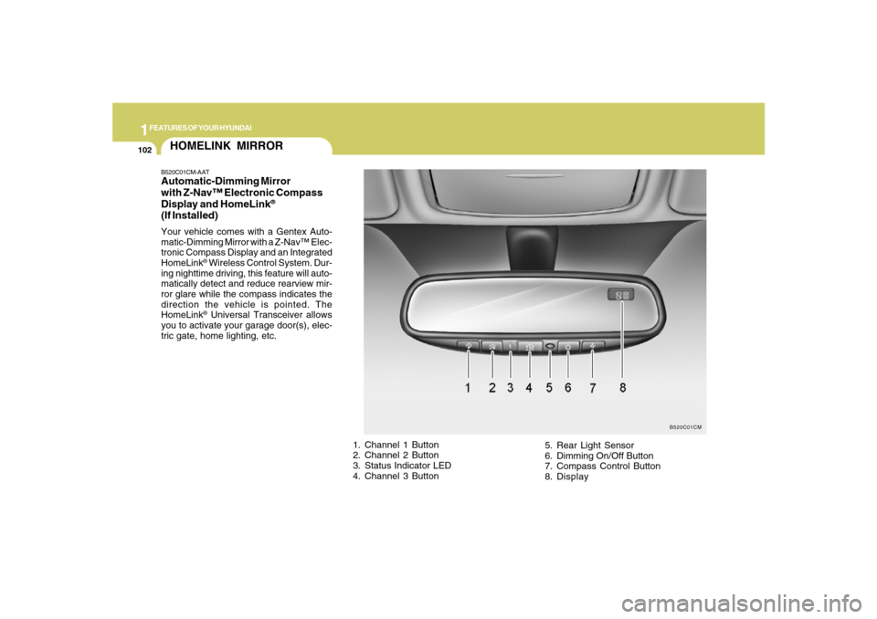 Hyundai Santa Fe 2008 Owners Manual 1FEATURES OF YOUR HYUNDAI
102
HOMELINK MIRRORB520C01CM-AATAutomatic-Dimming Mirror
with Z-Nav™ Electronic Compass
Display and HomeLink
®
(If Installed)Your vehicle comes with a Gentex Auto-
matic-D Hyundai Santa Fe 2008 Owners Manual 1FEATURES OF YOUR HYUNDAI
102
HOMELINK MIRRORB520C01CM-AATAutomatic-Dimming Mirror
with Z-Nav™ Electronic Compass
Display and HomeLink
®
(If Installed)Your vehicle comes with a Gentex Auto-
matic-D