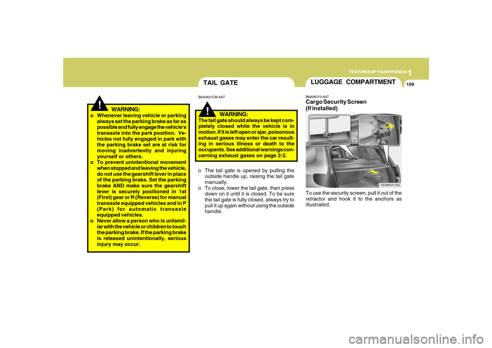 Hyundai Santa Fe 2008  Owners Manual 1
FEATURES OF YOUR HYUNDAI
109
!
!TAIL GATEB540A01CM-AAT
WARNING:
The tail gate should always be kept com-
pletely closed while the vehicle is in
motion. If it is left open or ajar, poisonous
exhaust 