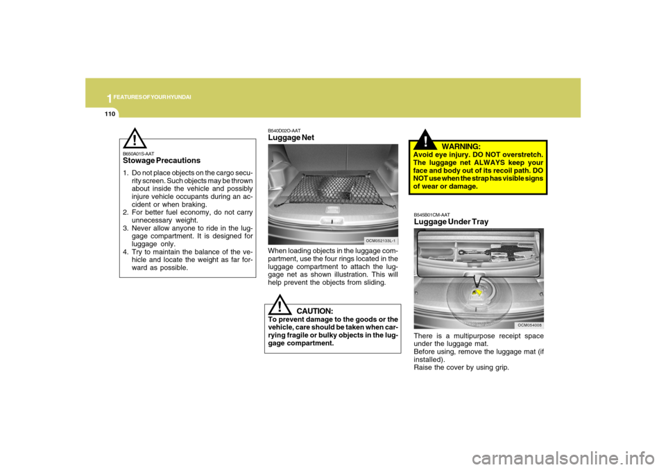 Hyundai Santa Fe 2008  Owners Manual 1FEATURES OF YOUR HYUNDAI
110
!
CAUTION:
To prevent damage to the goods or the
vehicle, care should be taken when car-
rying fragile or bulky objects in the lug-
gage compartment.
!
WARNING:
Avoid eye