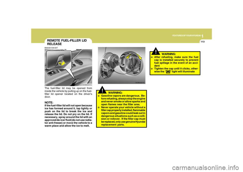 Hyundai Santa Fe 2008  Owners Manual 1
FEATURES OF YOUR HYUNDAI
113
!
WARNING:
OCM052014
REMOTE FUEL-FILLER LID
RELEASEB560A01CM-AATThe fuel-filler lid may be opened from
inside the vehicle by pulling up on the fuel-
filler lid opener lo