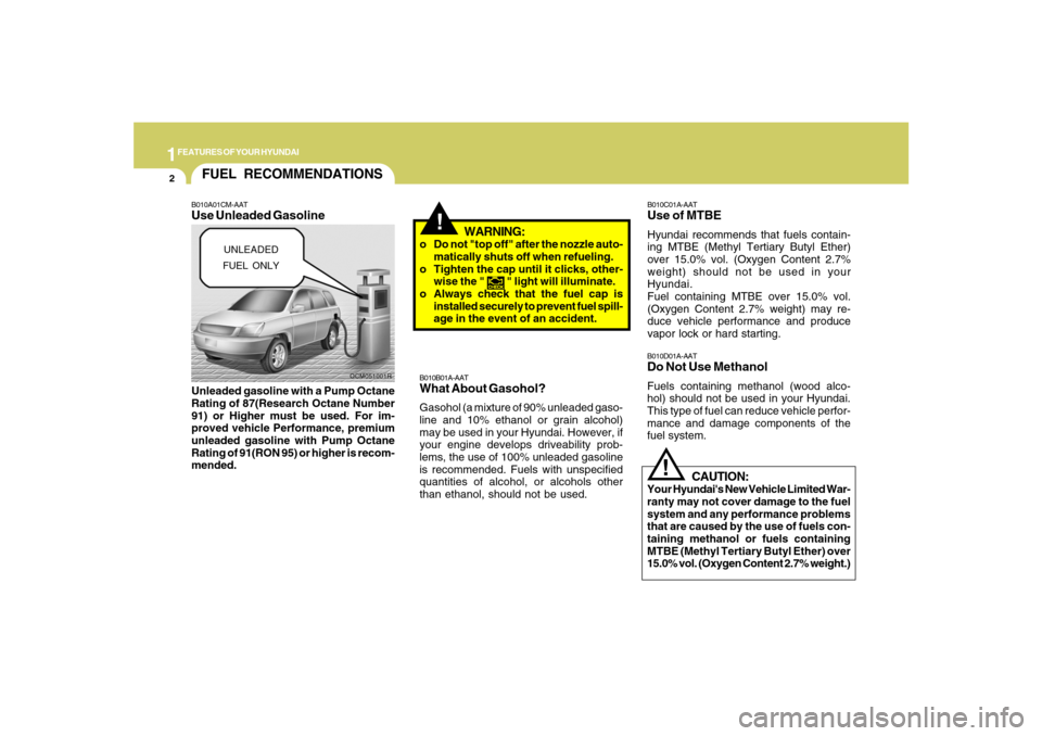 Hyundai Santa Fe 2008 User Guide 1FEATURES OF YOUR HYUNDAI2
!
OCM051001R
FUEL RECOMMENDATIONS
CAUTION:
Your Hyundais New Vehicle Limited War-
ranty may not cover damage to the fuel
system and any performance problems
that are caused Hyundai Santa Fe 2008 User Guide 1FEATURES OF YOUR HYUNDAI2
!
OCM051001R
FUEL RECOMMENDATIONS
CAUTION:
Your Hyundais New Vehicle Limited War-
ranty may not cover damage to the fuel
system and any performance problems
that are caused