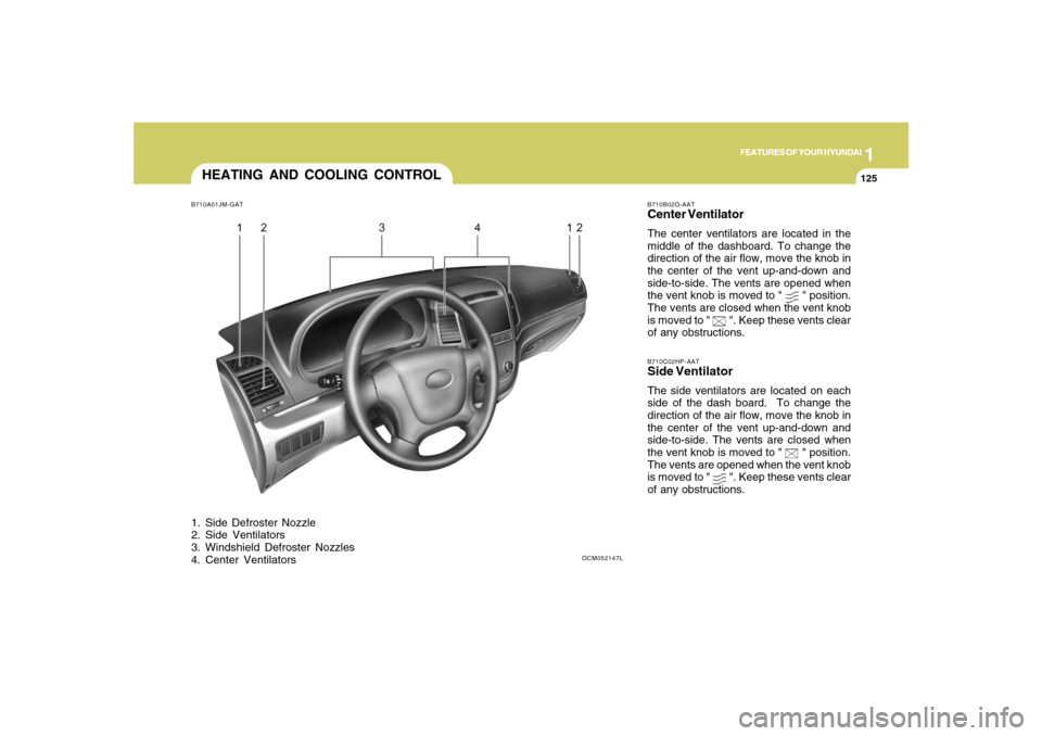 Hyundai Santa Fe 2008  Owners Manual 1
FEATURES OF YOUR HYUNDAI
125
FEATURES OF YOUR HYUNDAI
125125125125
HEATING AND COOLING CONTROLB710A01JM-GAT1. Side Defroster Nozzle
2. Side Ventilators
3. Windshield Defroster Nozzles
4. Center Vent