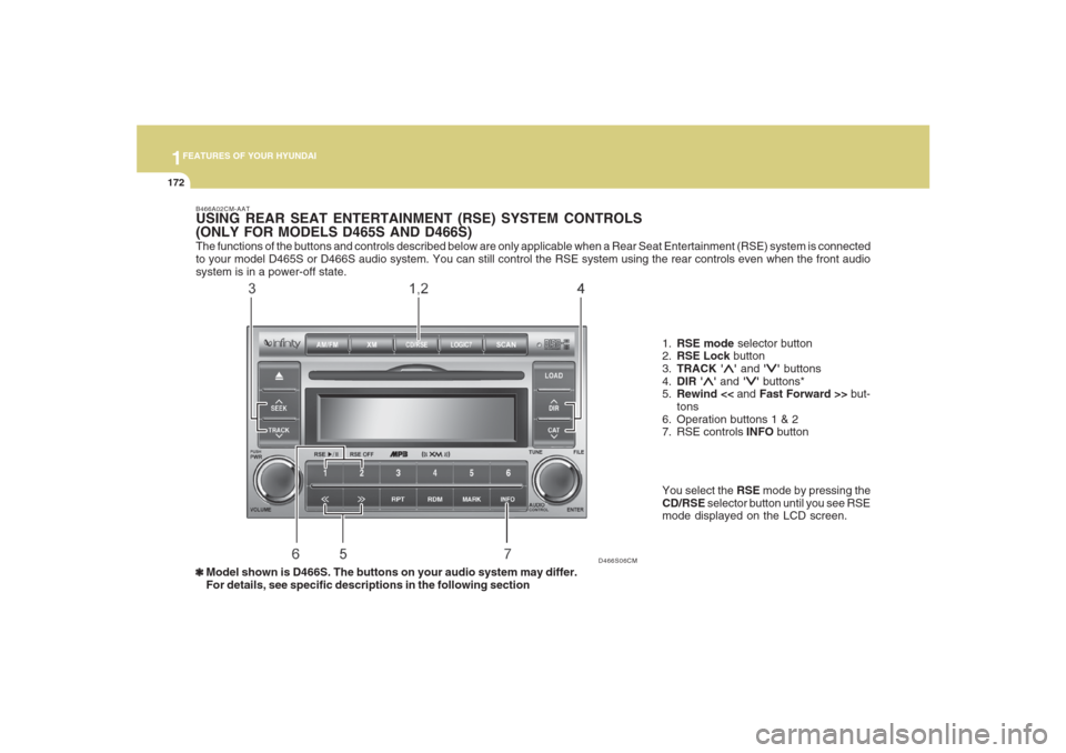 Hyundai Santa Fe 2008  Owners Manual 1FEATURES OF YOUR HYUNDAI
172
The functions of the buttons and controls described below are only applicable when a Rear Seat Entertainment (RSE) system is connected
to your model D465S or D466S audio 
