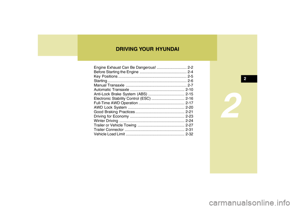 Hyundai Santa Fe 2008  Owners Manual DRIVING YOUR  HYUNDAI
2
Engine Exhaust Can Be Dangerous! ............................ 2-2
Before Starting the Engine ............................................ 2-4
Key Positions ....................