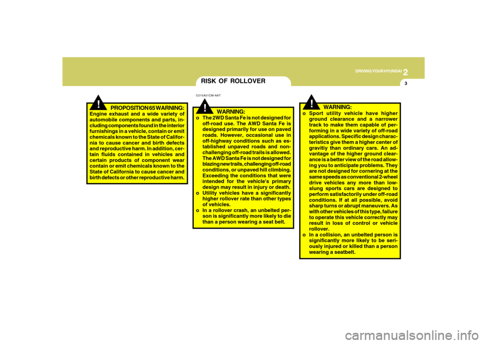Hyundai Santa Fe 2008  Owners Manual 2
DRIVING YOUR HYUNDAI
3
!
!
WARNING:
o The 2WD Santa Fe is not designed for
off-road use. The AWD Santa Fe is
designed primarily for use on paved
roads. However, occasional use in
off-highway conditi