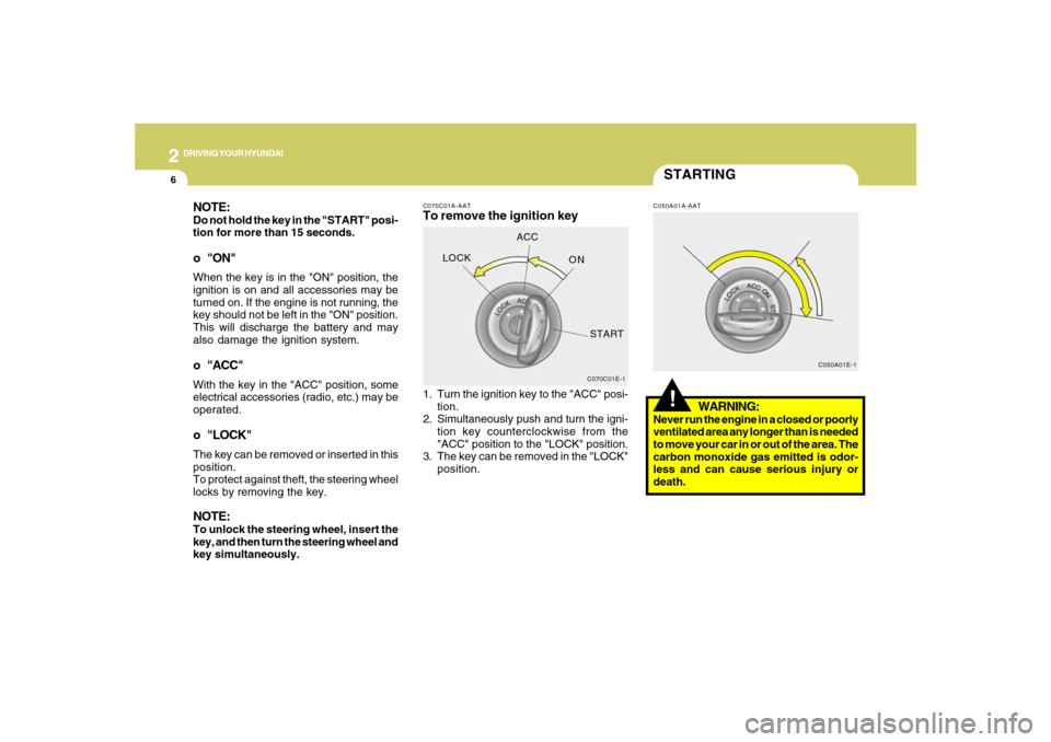 Hyundai Santa Fe 2008  Owners Manual 2
DRIVING YOUR HYUNDAI
6
C070C01E-1
LOCKACC
ON
START
C050A01E-1
STARTING!
C070C01A-AATTo remove the ignition key
C050A01A-AAT
1. Turn the ignition key to the "ACC" posi-
tion.
2. Simultaneously push a