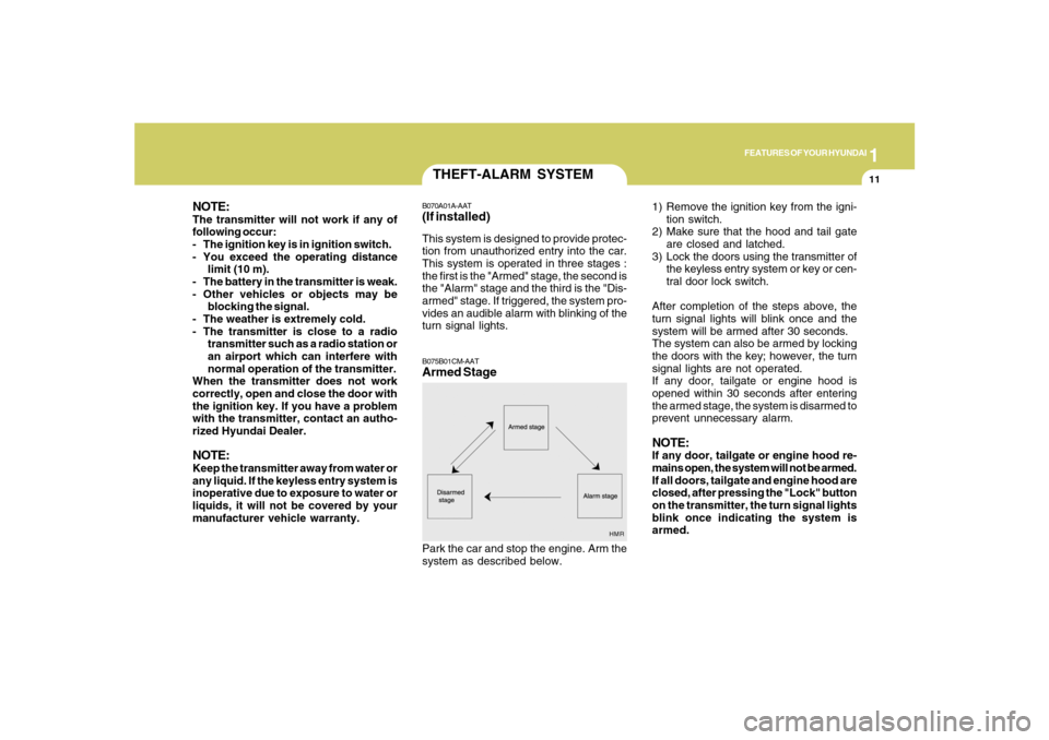 Hyundai Santa Fe 2008 Owners Guide 1
FEATURES OF YOUR HYUNDAI
11
HMR
THEFT-ALARM SYSTEMB075B01CM-AATArmed StagePark the car and stop the engine. Arm the
system as described below.B070A01A-AAT(If installed)This system is designed to pro