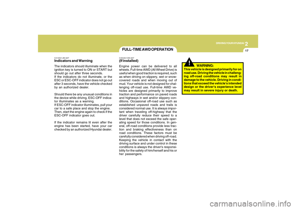 Hyundai Santa Fe 2008  Owners Manual 2
DRIVING YOUR HYUNDAI
17
FULL-TIME AWD OPERATIONC350A01CM-AAT(If installed)Engine power can be delivered to all
wheels. Full-time AWD (All Wheel Drive) is
useful when good traction is required, such
