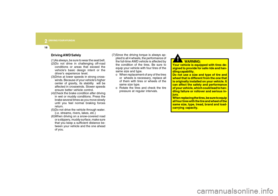 Hyundai Santa Fe 2008  Owners Manual 2
DRIVING YOUR HYUNDAI
18
Driving AWD Safely(1)As always, be sure to wear the seat belt.
(2)Do not drive in challenging off-road
conditions or areas that exceed the
vehicles basic design intent or th