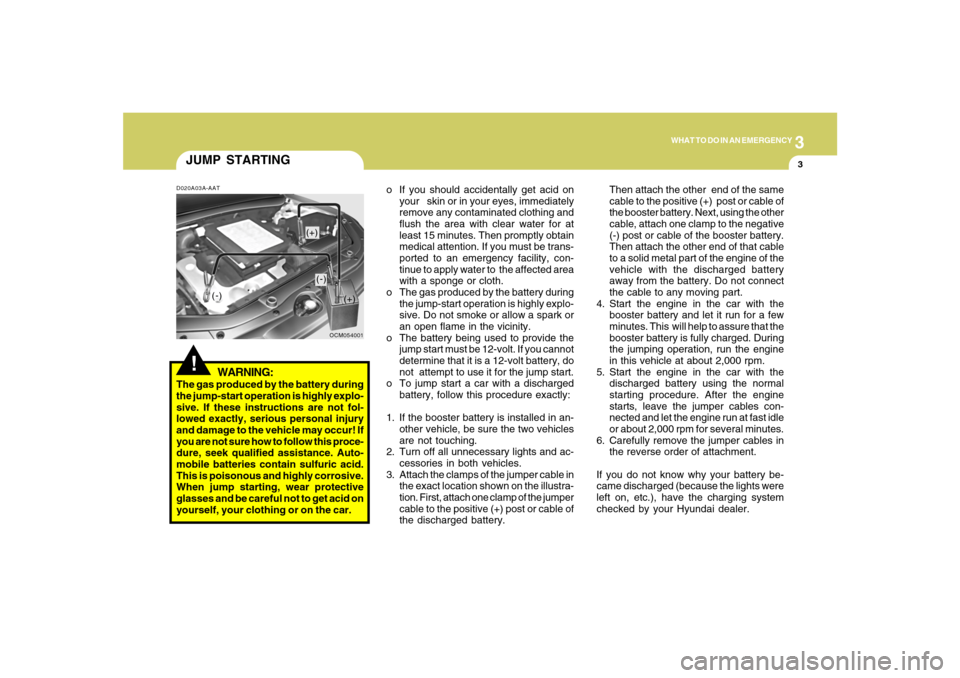 Hyundai Santa Fe 2008 Owners Guide 3
WHAT TO DO IN AN EMERGENCY
3
JUMP STARTING!
o If you should accidentally get acid on
your   skin or in your eyes, immediately
remove any contaminated clothing and
flush the area with clear water for