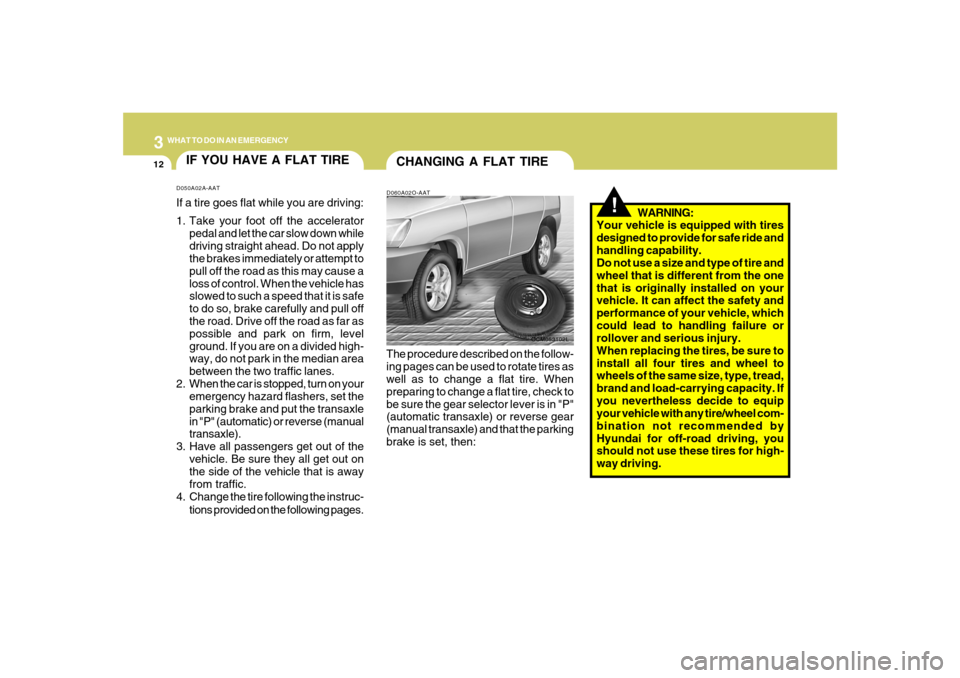 Hyundai Santa Fe 2008 Owners Manual 312
WHAT TO DO IN AN EMERGENCY
IF YOU HAVE A FLAT TIRED050A02A-AATIf a tire goes flat while you are driving:
1. Take your foot off the accelerator
pedal and let the car slow down while
driving straigh Hyundai Santa Fe 2008 Owners Manual 312
WHAT TO DO IN AN EMERGENCY
IF YOU HAVE A FLAT TIRED050A02A-AATIf a tire goes flat while you are driving:
1. Take your foot off the accelerator
pedal and let the car slow down while
driving straigh