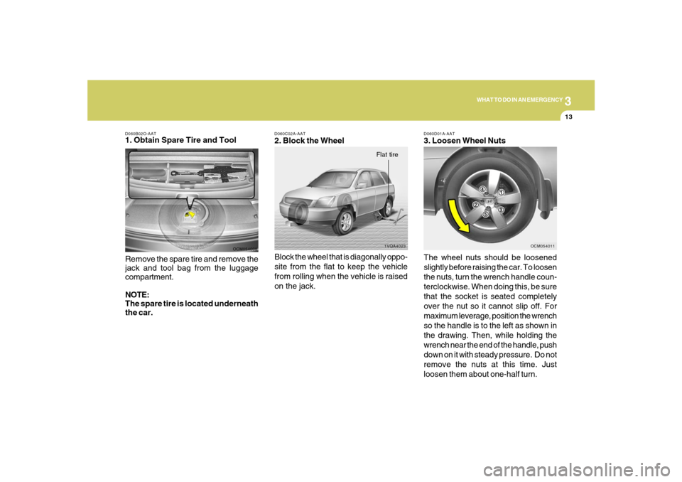 Hyundai Santa Fe 2008  Owners Manual 3
WHAT TO DO IN AN EMERGENCY
13
D060D01A-AAT3. Loosen Wheel Nuts
The wheel nuts should be loosened
slightly before raising the car. To loosen
the nuts, turn the wrench handle coun-
terclockwise. When 