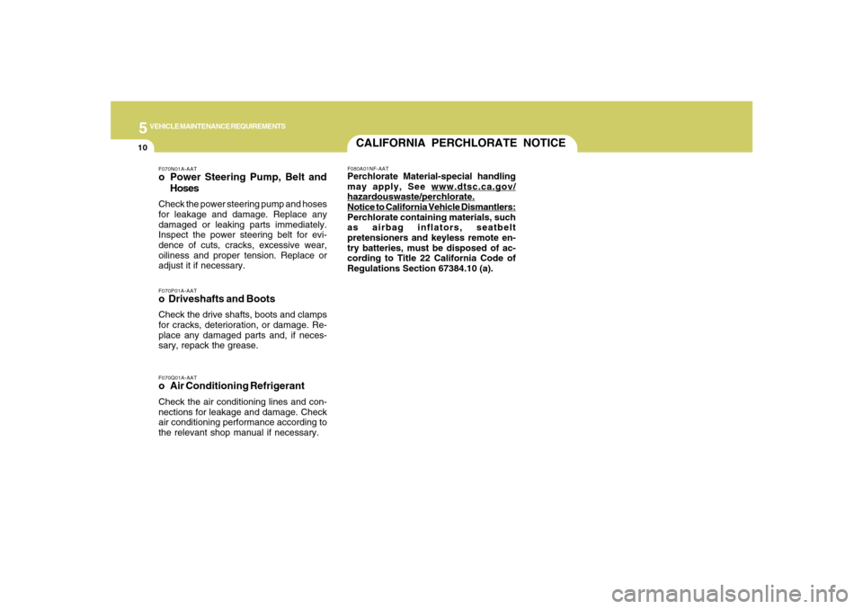 Hyundai Santa Fe 2008  Owners Manual 5
VEHICLE MAINTENANCE REQUIREMENTS
10
F070Q01A-AATo Air Conditioning RefrigerantCheck the air conditioning lines and con-
nections for leakage and damage. Check
air conditioning performance according 